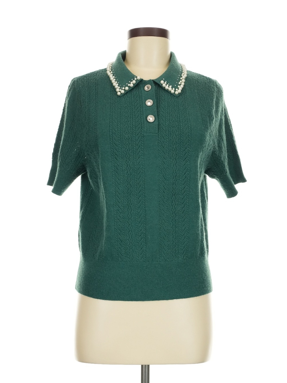 NANETTE Nanette Lepore Green Pearl Collar Short Sleeve Sweater Polo M